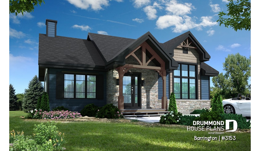 front - BASE MODEL - Modern ranch house plan, 2 bedrooms, low-cost construction, open floor plan, fireplace, charming style  - Barrington