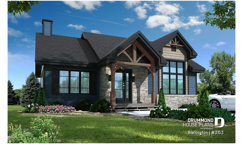 front - BASE MODEL - Modern ranch house plan, 2 to 4 bedrooms, optional finished basement ($), open floor plan, fireplace - Barrington