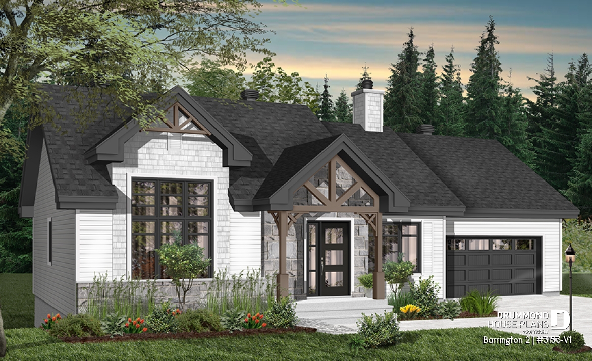 Color version 6 - Front - Craftsman-style ranch bungalow with daylight basement, 2 beds, oversized single garage &amp; open-living space - Barrington 2
