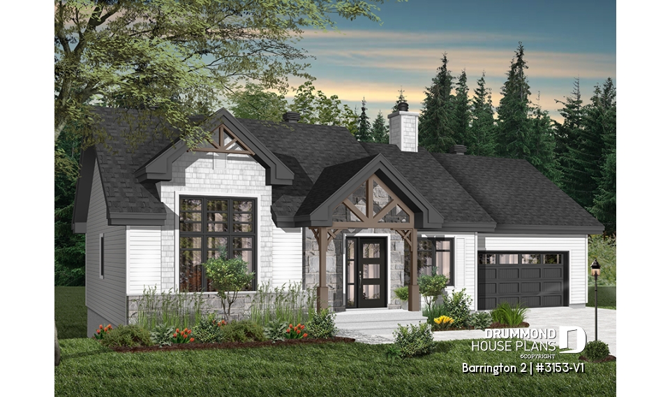 Color version 6 - Front - Craftsman-style ranch bungalow with daylight basement, 2 beds, oversized single garage &amp; open-living space - Barrington 2