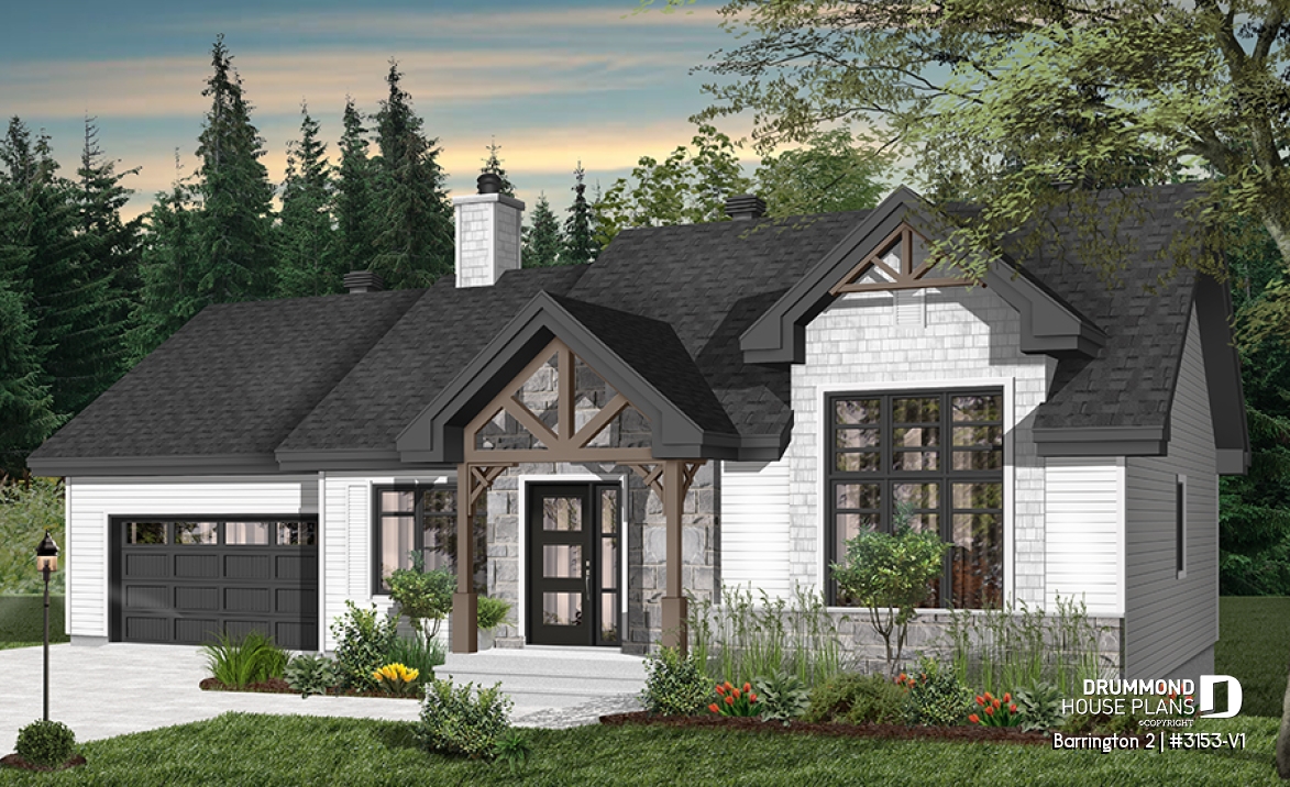 Color version 6 - Front - Craftsman-style ranch bungalow with daylight basement, 2 beds, oversized single garage &amp; open-living space - Barrington 2