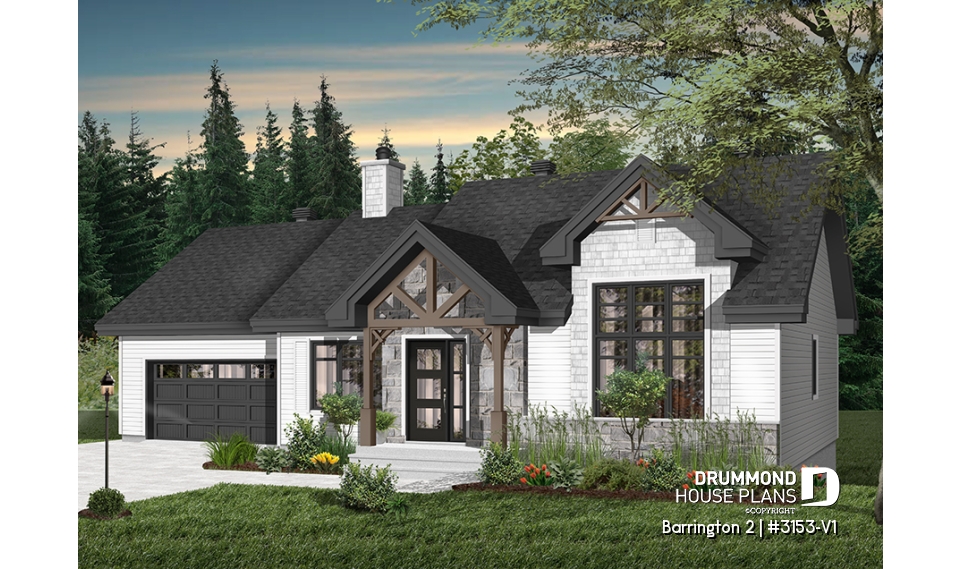 Color version 6 - Front - Craftsman-style ranch bungalow with daylight basement, 2 beds, oversized single garage &amp; open-living space - Barrington 2