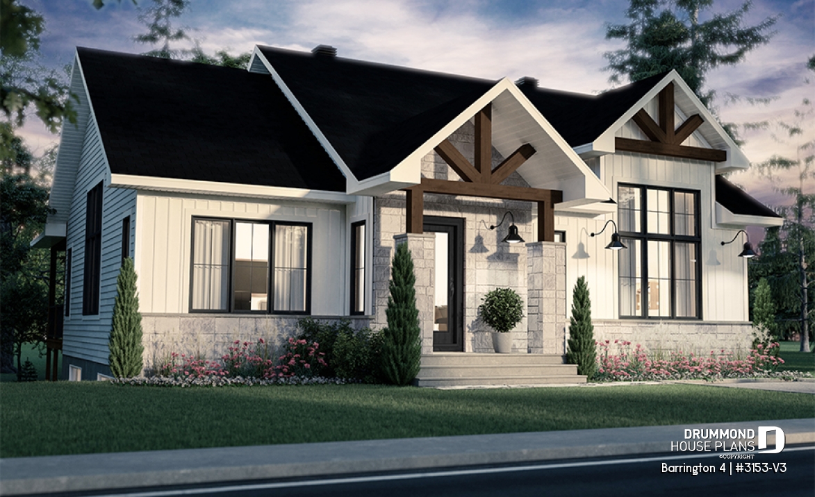 front - BASE MODEL - Budget friendly Farmhouse style house plan w/ optional finished basement ($), 2-4 beds, game room, cathedral - Barrington 4