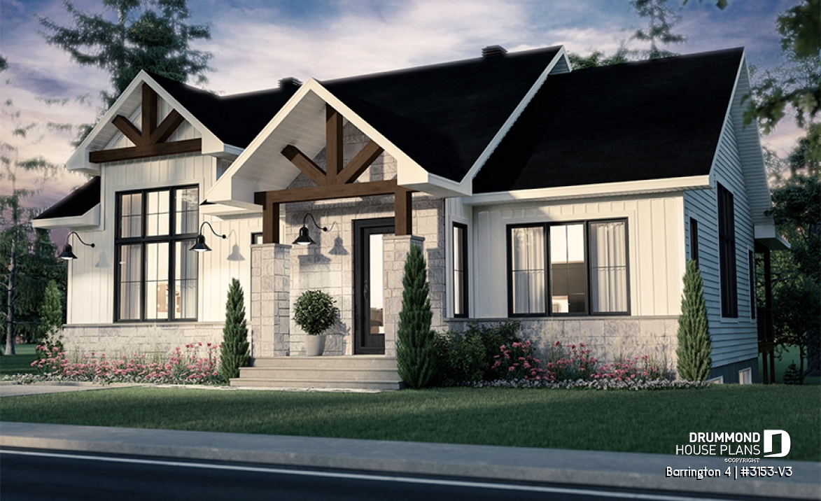 front - BASE MODEL - Budget friendly Farmhouse style house plan w/ optional finished basement ($), 2-4 beds, game room, cathedral - Barrington 4