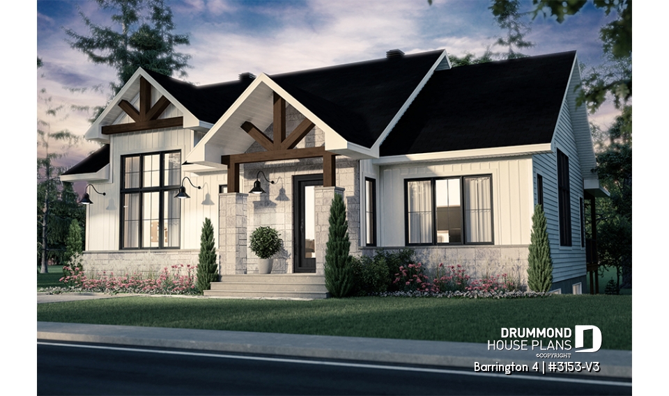 front - BASE MODEL - Budget friendly Farmhouse style house plan w/ optional finished basement ($), 2-4 beds, game room, cathedral - Barrington 4