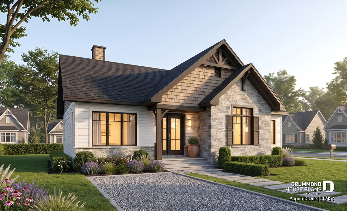 front - BASE MODEL - Ranch bungalow house plan with 3 bedrooms on main floor, open floor plan concept, fireplace - Aspen Creek