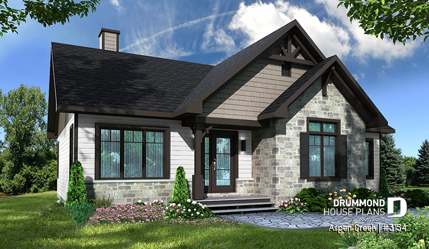 front - BASE MODEL - Rustic home design bungalow with 3 bedrooms on main floor, open floor plan concept, fireplace - Aspen Creek
