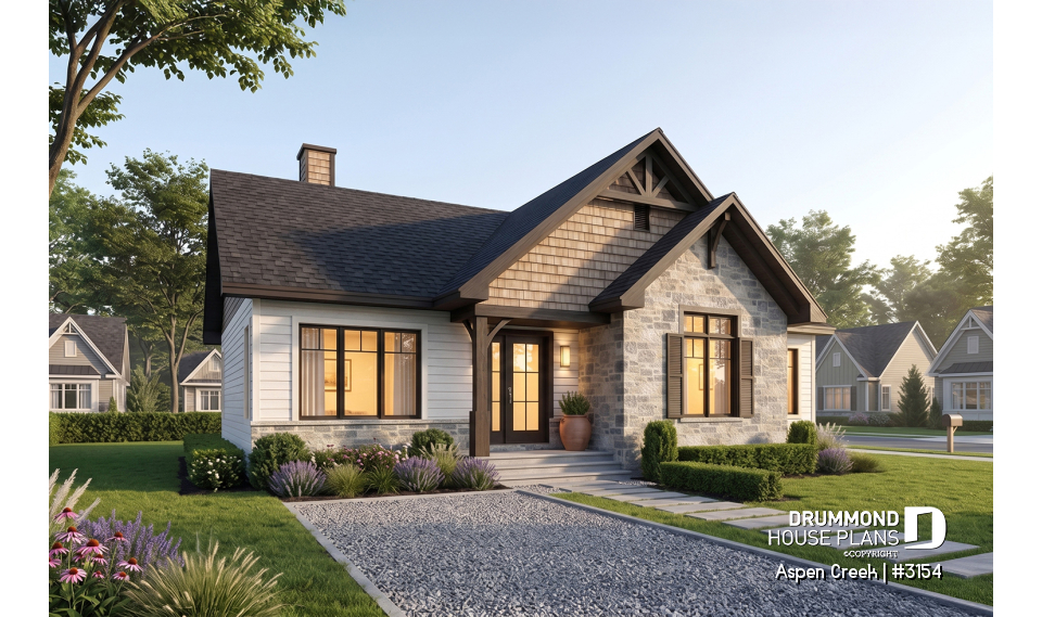 front - BASE MODEL - Ranch bungalow house plan with 3 bedrooms on main floor, open floor plan concept, fireplace - Aspen Creek