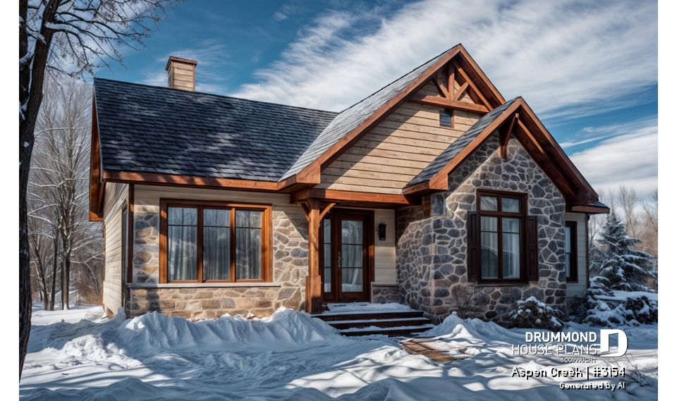 front - BASE MODEL - Rustic home design bungalow with 3 bedrooms on main floor, open floor plan concept, fireplace - Aspen Creek