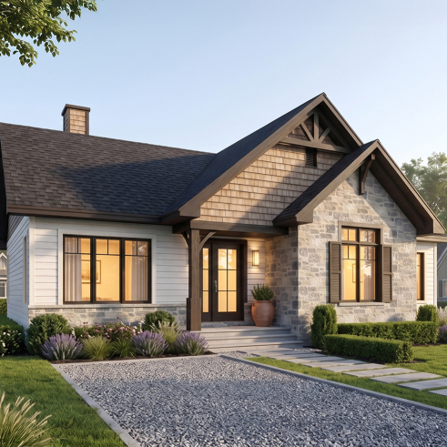 front - BASE MODEL - Ranch bungalow house plan with 3 bedrooms on main floor, open floor plan concept, fireplace - Aspen Creek