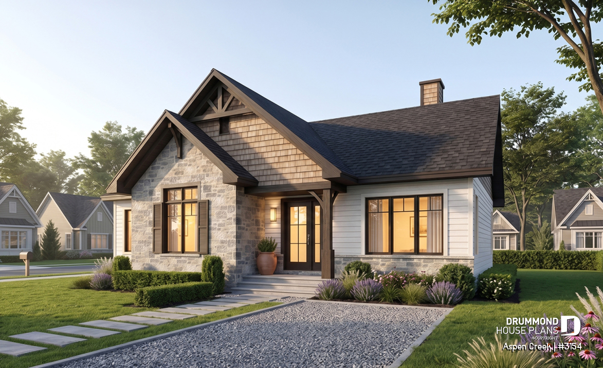 front - BASE MODEL - Ranch bungalow house plan with 3 bedrooms on main floor, open floor plan concept, fireplace - Aspen Creek