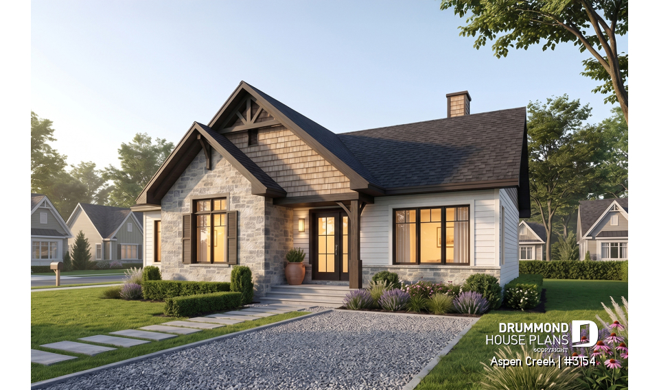 front - BASE MODEL - Ranch bungalow house plan with 3 bedrooms on main floor, open floor plan concept, fireplace - Aspen Creek