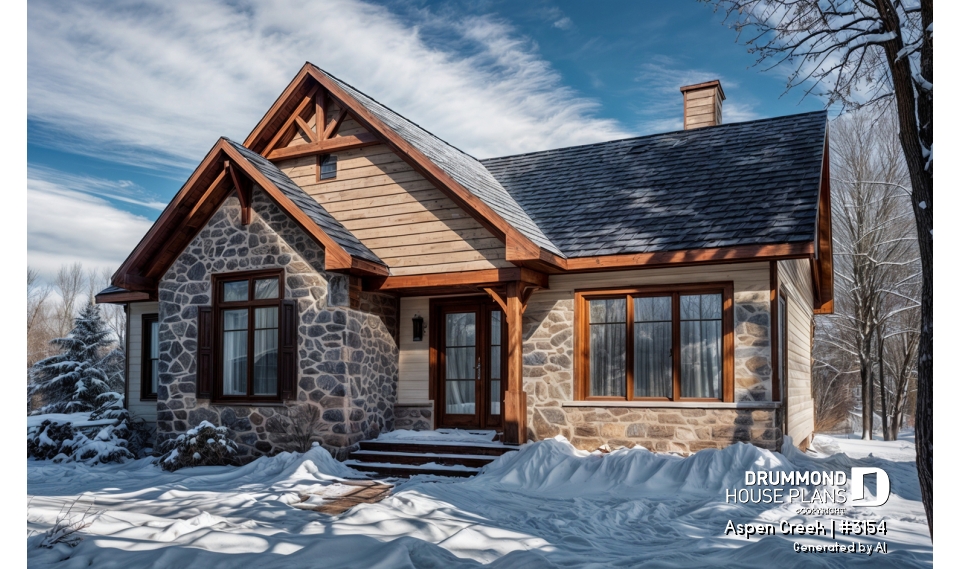 front - BASE MODEL - Rustic home design bungalow with 3 bedrooms on main floor, open floor plan concept, fireplace - Aspen Creek