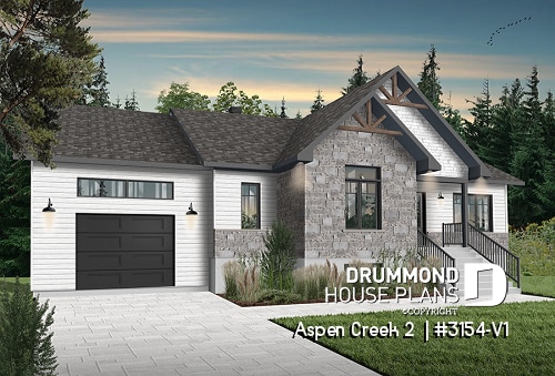 Color version 2 - Front - 2 bedroom bungalow with garage, mud room, laundry room on main and open floor plan - Aspen Creek 2 