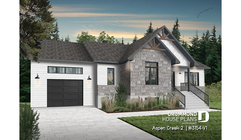 Color version 2 - Front - 2 bedroom bungalow with garage, mud room, laundry room on main and open floor plan - Aspen Creek 2 