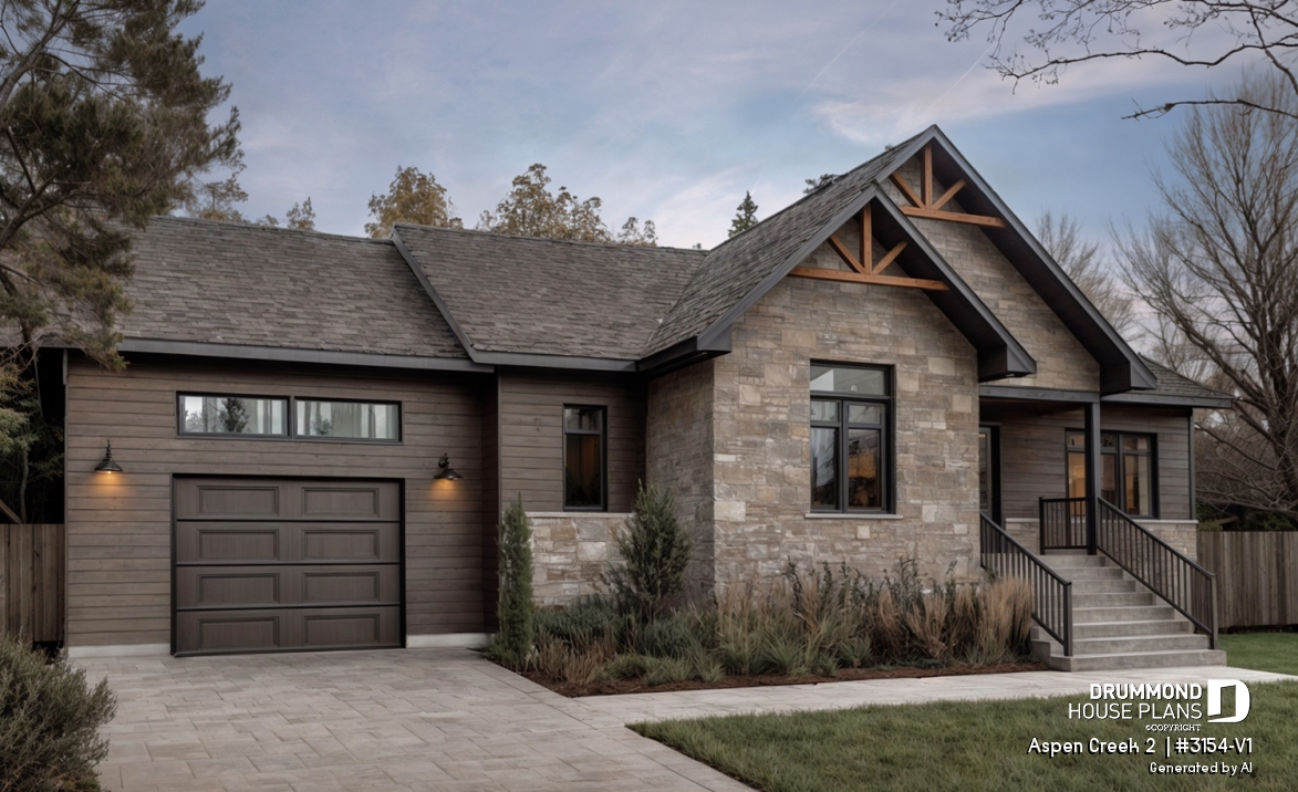 front - BASE MODEL - 2 bedroom Mountain style bungalow house plan with garage, mud room, laundry room on main floor and open plan - Aspen Creek 2 