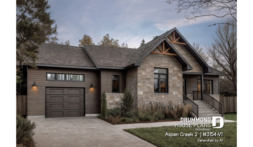 front - BASE MODEL - 2 bedroom bungalow with garage, mud room, laundry room on main and open floor plan - Aspen Creek 2 