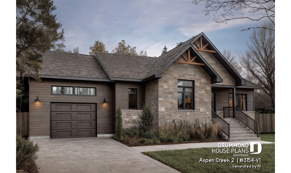 front - BASE MODEL - 2 bedroom Mountain style bungalow with garage, mud room, laundry room on main and open floor plan - Aspen Creek 2 