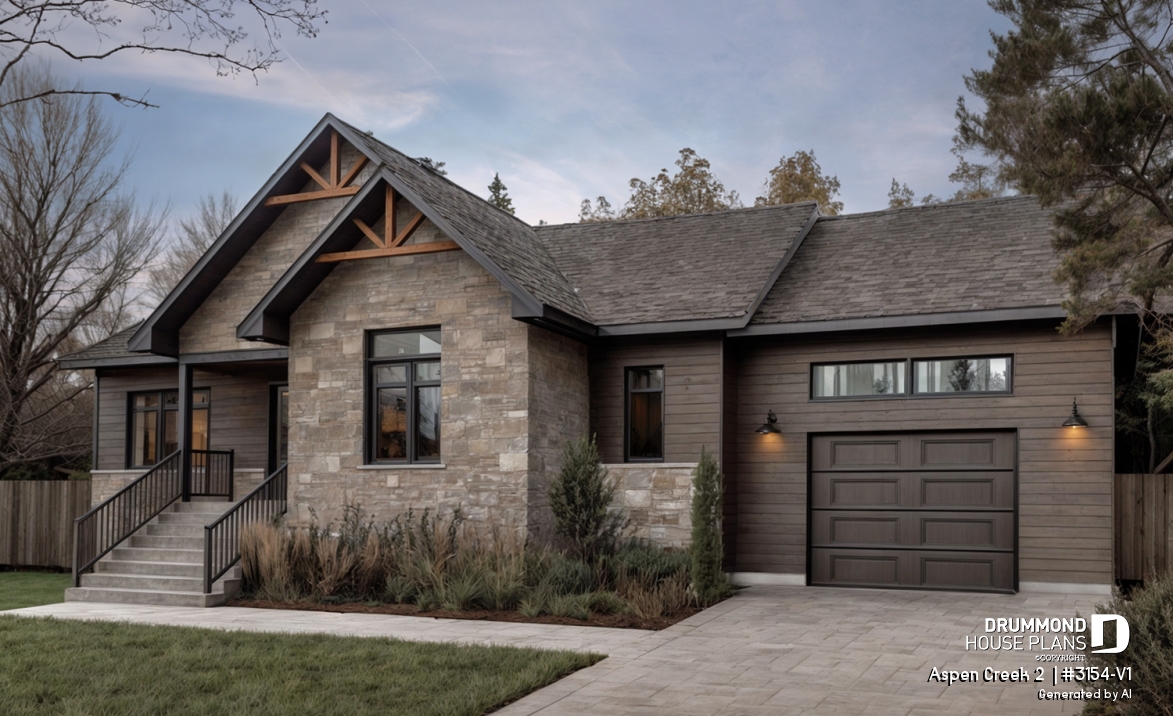 front - BASE MODEL - 2 bedroom Mountain style bungalow house plan with garage, mud room, laundry room on main floor and open plan - Aspen Creek 2 