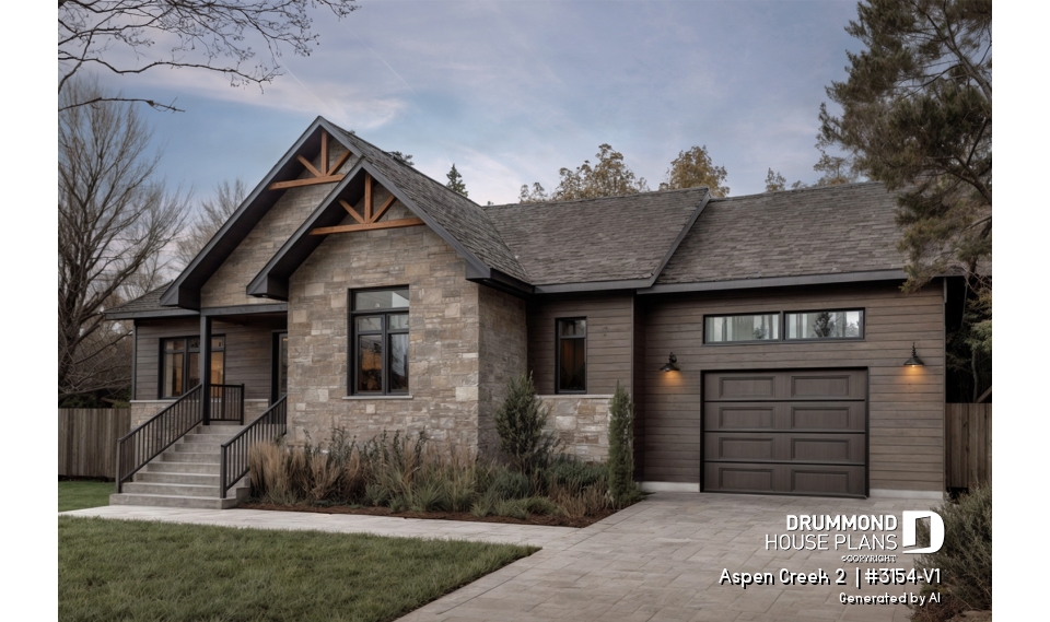 front - BASE MODEL - 2 bedroom Mountain style bungalow house plan with garage, mud room, laundry room on main floor and open plan - Aspen Creek 2 