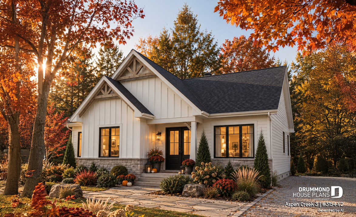front - BASE MODEL - One-Story Modern Farmhouse House Plan, Home Office, Up to 5 Bedrooms, Optional Finished Basement ($) - Aspen Creek 3