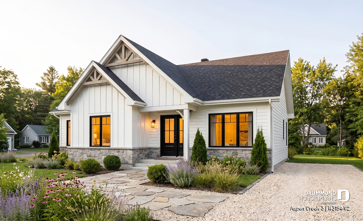 front - BASE MODEL - One-Story Modern Farmhouse House Plan, Home Office, Up to 5 Bedrooms, Optional Finished Basement ($) - Aspen Creek 3