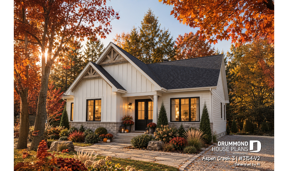 front - BASE MODEL - One-Story Modern Farmhouse House Plan, Home Office, Up to 5 Bedrooms, Optional Finished Basement ($) - Aspen Creek 3