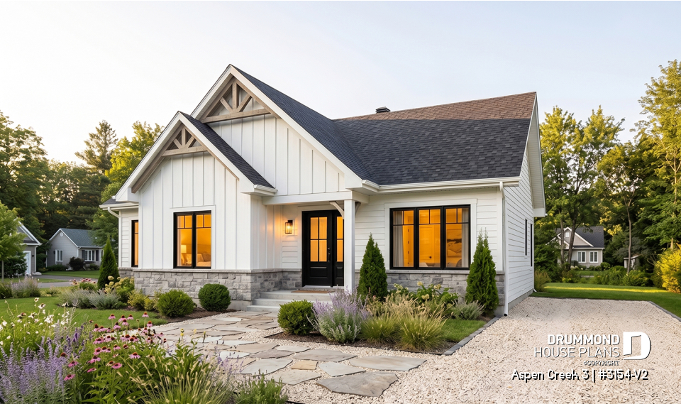 front - BASE MODEL - One-Story Modern Farmhouse House Plan, Home Office, Up to 5 Bedrooms, Optional Finished Basement ($) - Aspen Creek 3