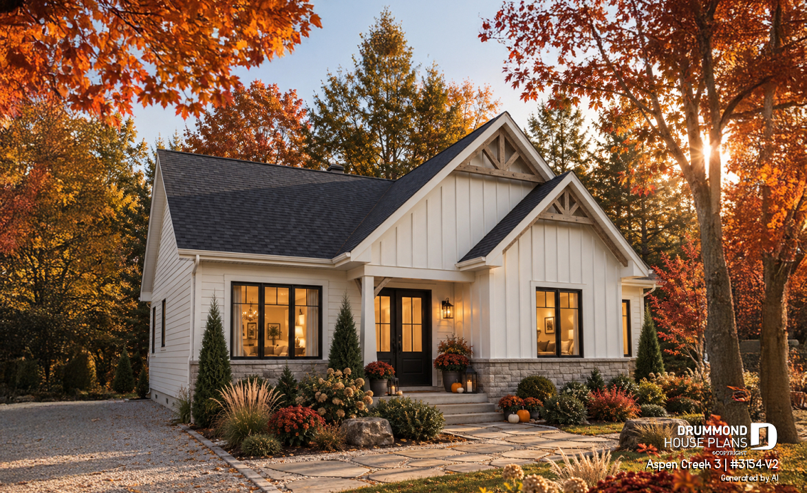 front - BASE MODEL - One-Story Modern Farmhouse House Plan, Home Office, Up to 5 Bedrooms, Optional Finished Basement ($) - Aspen Creek 3