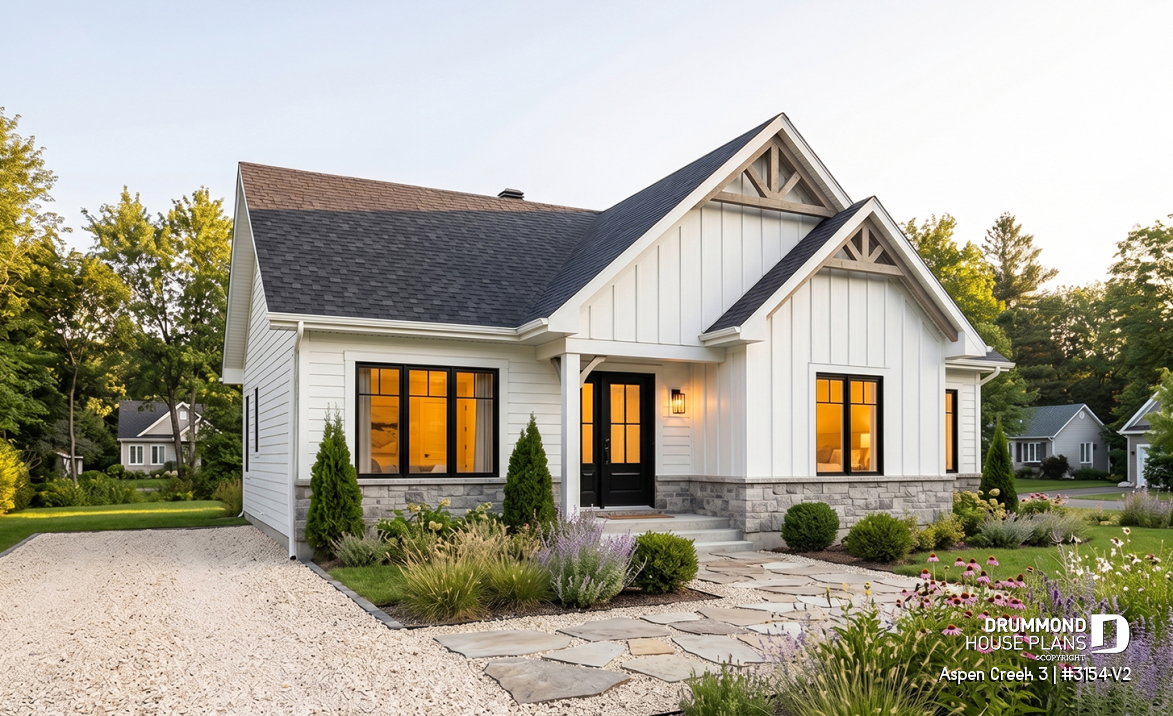 front - BASE MODEL - One-Story Modern Farmhouse House Plan, Home Office, Up to 5 Bedrooms, Optional Finished Basement ($) - Aspen Creek 3