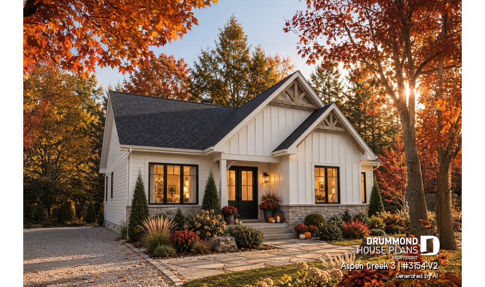 front - BASE MODEL - One-Story Modern Farmhouse House Plan, Home Office, Up to 5 Bedrooms, Optional Finished Basement ($) - Aspen Creek 3