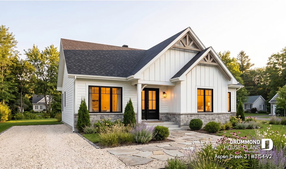front - BASE MODEL - One-Story Modern Farmhouse House Plan, Home Office, Up to 5 Bedrooms, Optional Finished Basement ($) - Aspen Creek 3