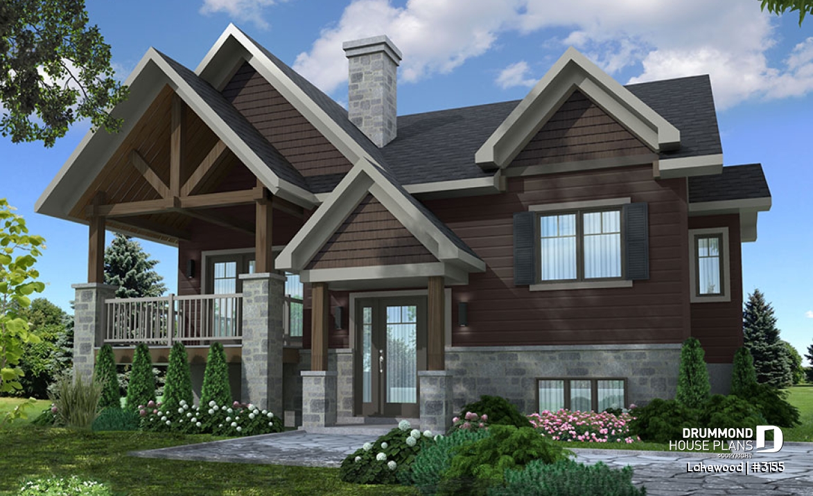 front - BASE MODEL - Rustic bungalow home design with front covered balcony, wood stove fireplace, open concept &amp; appealing design - Lakewood