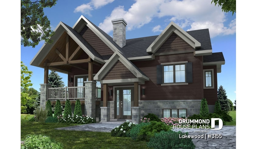 front - BASE MODEL - Rustic bungalow home design with front covered balcony, wood stove fireplace, open concept & appealing design - Lakewood