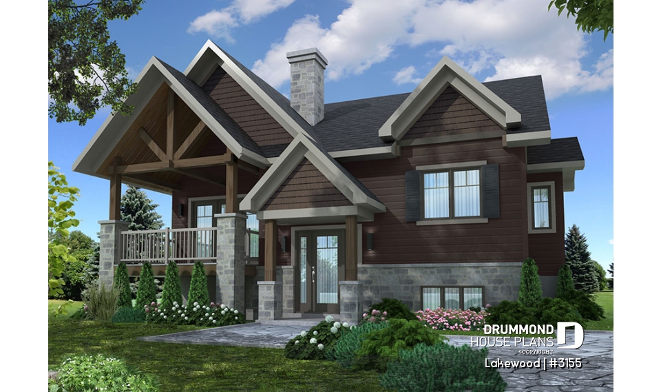 front - BASE MODEL - Rustic bungalow home design with front covered balcony, wood stove fireplace, open concept &amp; appealing design - Lakewood