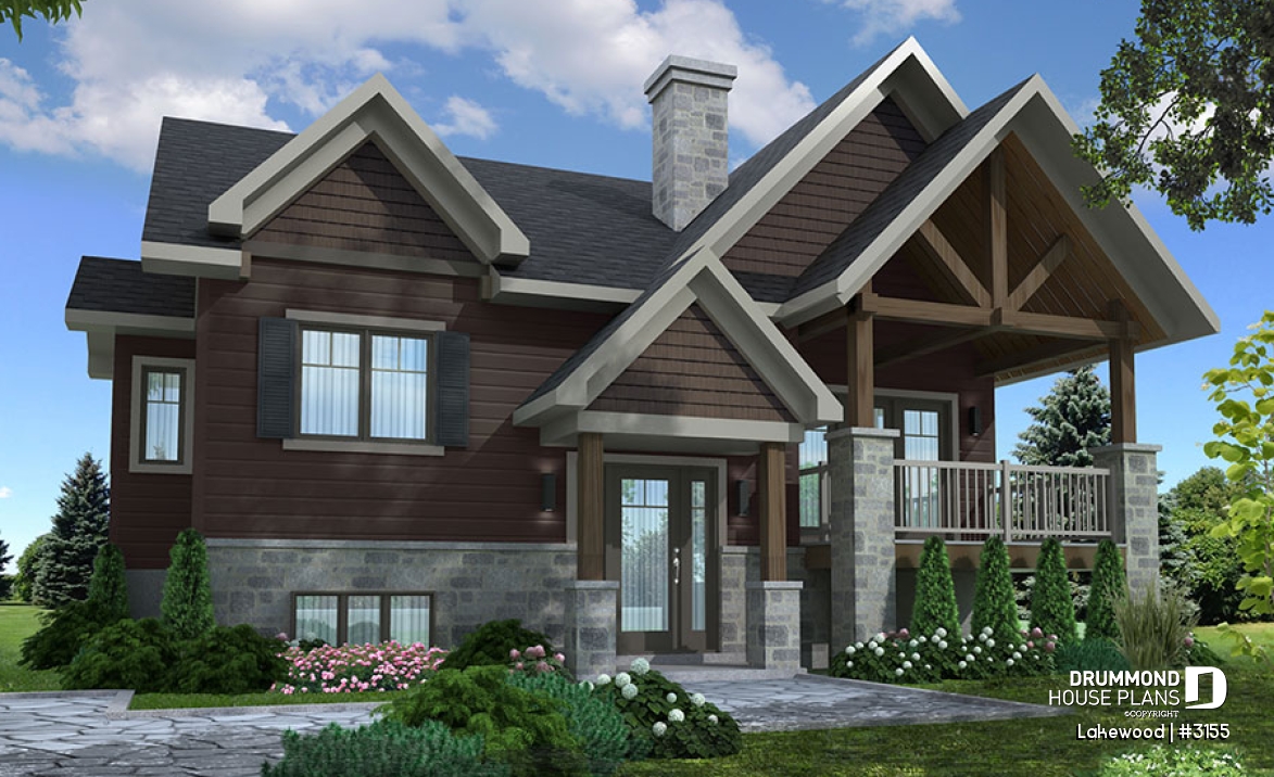 front - BASE MODEL - Rustic bungalow home design with front covered balcony, wood stove fireplace, open concept &amp; appealing design - Lakewood