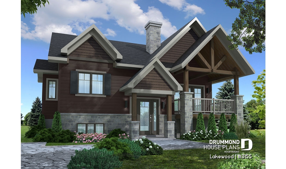 front - BASE MODEL - Rustic bungalow home design with front covered balcony, wood stove fireplace, open concept &amp; appealing design - Lakewood