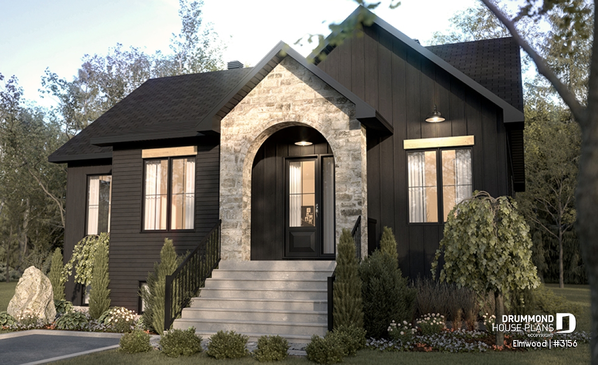 front - BASE MODEL - Single storey home with optional finished basement ($), master suite on main floor, sheltered terrace - Elmwood