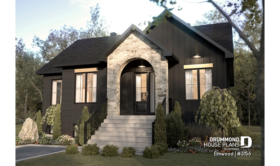front - BASE MODEL - Single storey home with optional finished basement ($), master suite on main floor, sheltered terrace - Elmwood