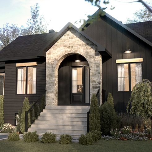 front - BASE MODEL - Single storey home with optional finished basement ($), master suite on main floor, sheltered terrace - Elmwood