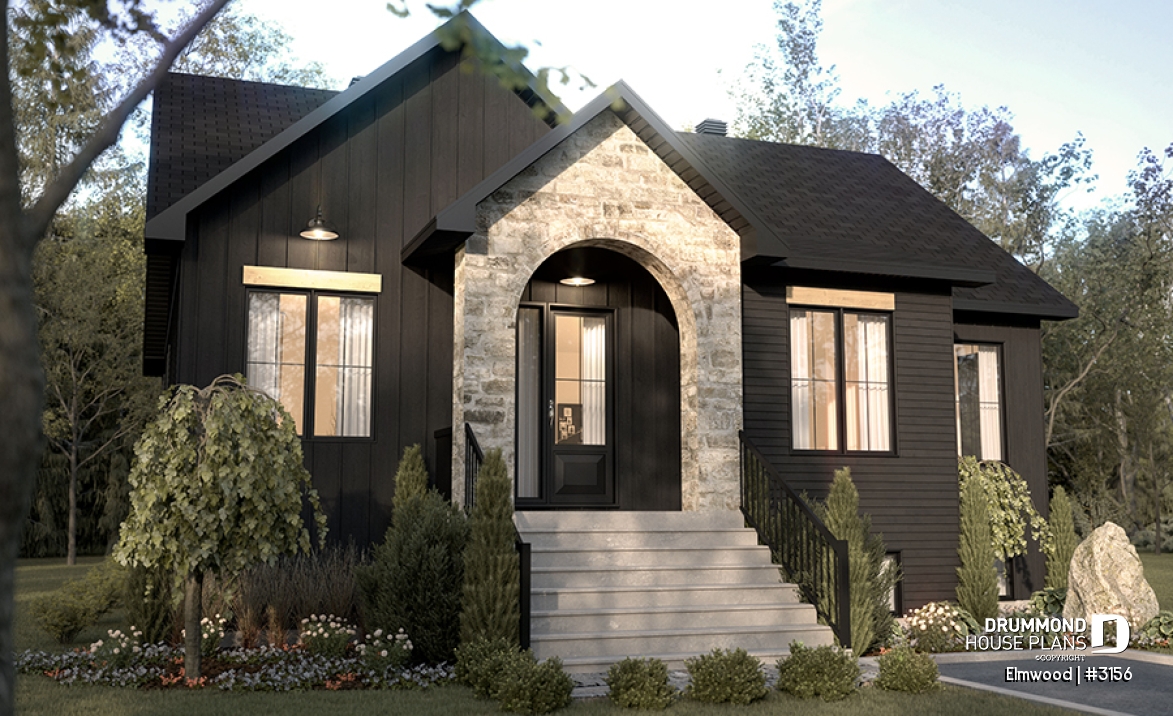 front - BASE MODEL - Single storey home with optional finished basement ($), master suite on main floor, sheltered terrace - Elmwood