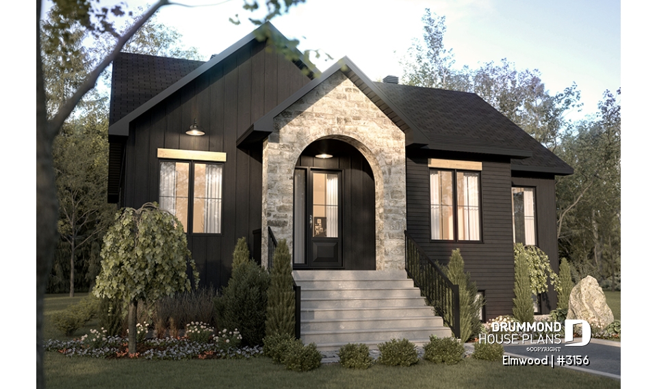 front - BASE MODEL - Single storey home with optional finished basement ($), master suite on main floor, sheltered terrace - Elmwood