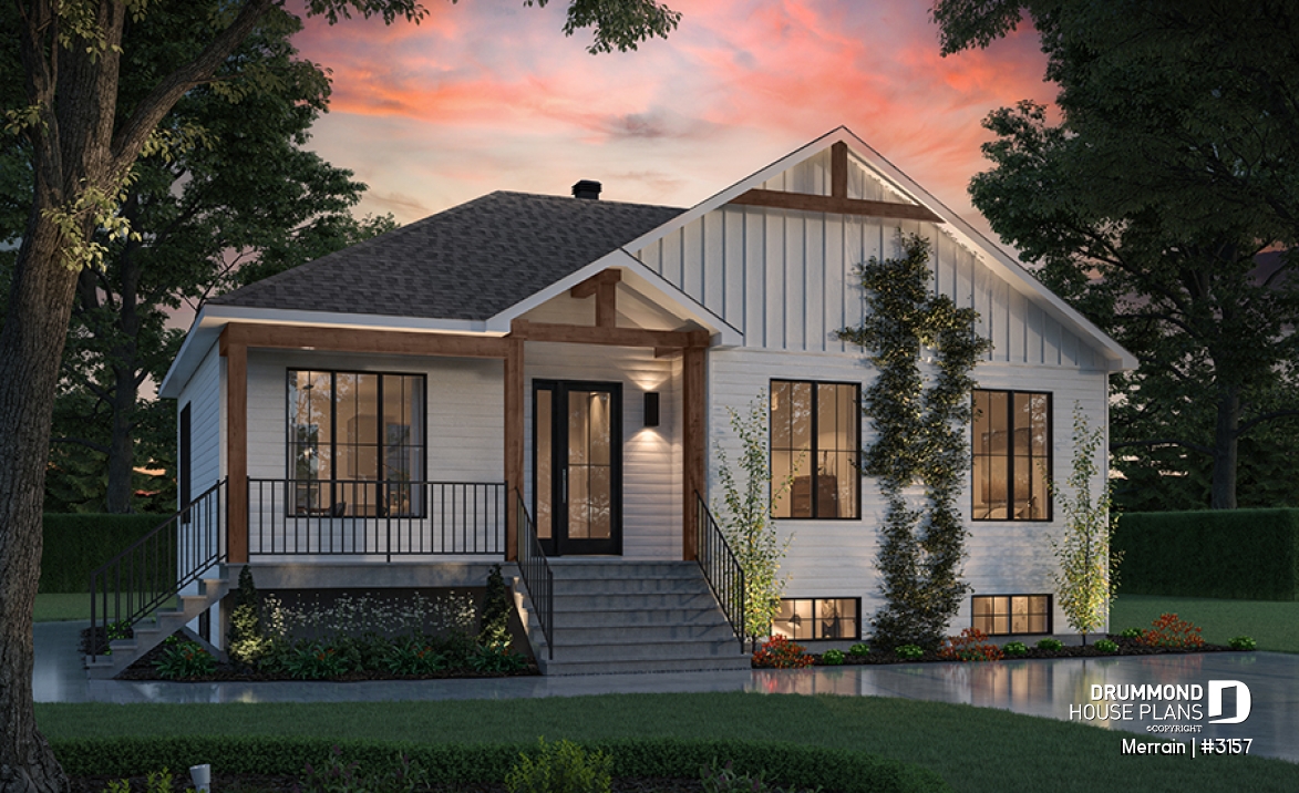 front - BASE MODEL - Single-story house model with 3 bedrooms on the ground floor, unfinished daylight basement - Merrain