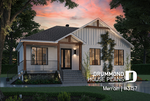 front - BASE MODEL - Single-story house model with 3 bedrooms on the ground floor, unfinished daylight basement - Merrain