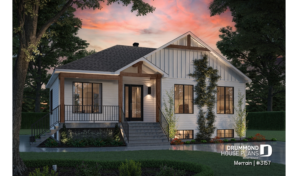 front - BASE MODEL - Single-story house model with 3 bedrooms on the ground floor, unfinished daylight basement - Merrain