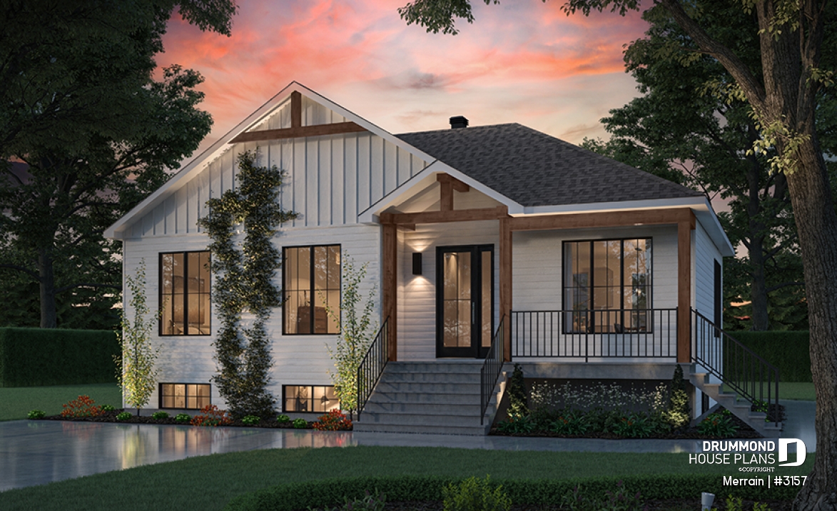 front - BASE MODEL - Single-story house model with 3 bedrooms on the ground floor, unfinished daylight basement - Merrain