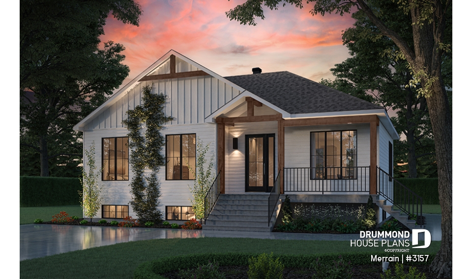 front - BASE MODEL - Single-story house model with 3 bedrooms on the ground floor, unfinished daylight basement - Merrain