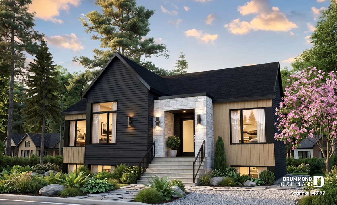 front - BASE MODEL - Modern house plan with 3 bedrooms, one-storey, pantry, laundry on main floor, unfinished daylight basement - Scandia