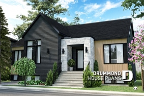front - BASE MODEL - Modern house plan with 3 bedrooms, one-storey, pantry, laundry on main floor, unfinished daylight basement - Scandia