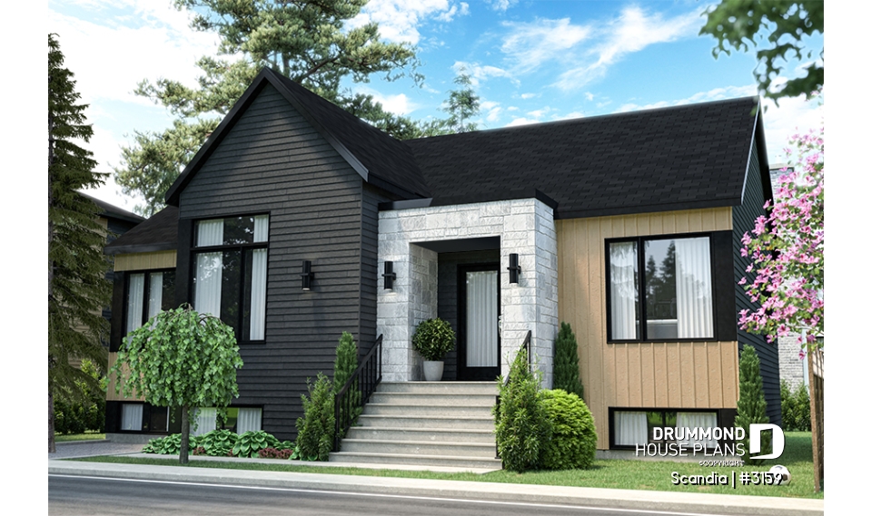 front - BASE MODEL - Modern house plan with 3 bedrooms, one-storey, pantry, laundry on main floor, unfinished daylight basement - Scandia